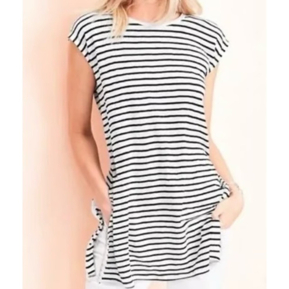 Eileen Fisher tee tunic split side striped breton white black crewneck cotton XS